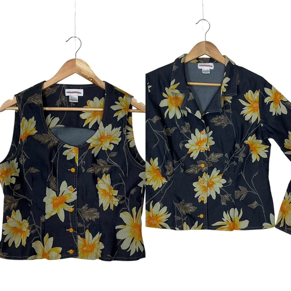 RETRO SOLITAIRE sz Medium Jacket + Vest Set Floral Denim Type Blue Yellow